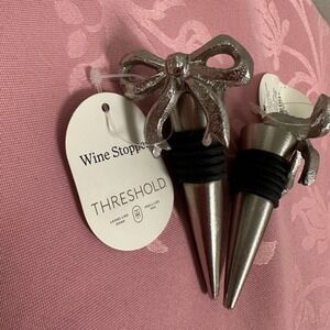 Threshold Silver Bow Wine Stopper Set of 2 Metal Bottle Plug Coquette Decor NEW